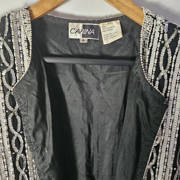 VTG Carina Silk Sequin Beaded Blazer Sz Lg Silver Black Holiday Evening Jacket - Picture 4 of 8